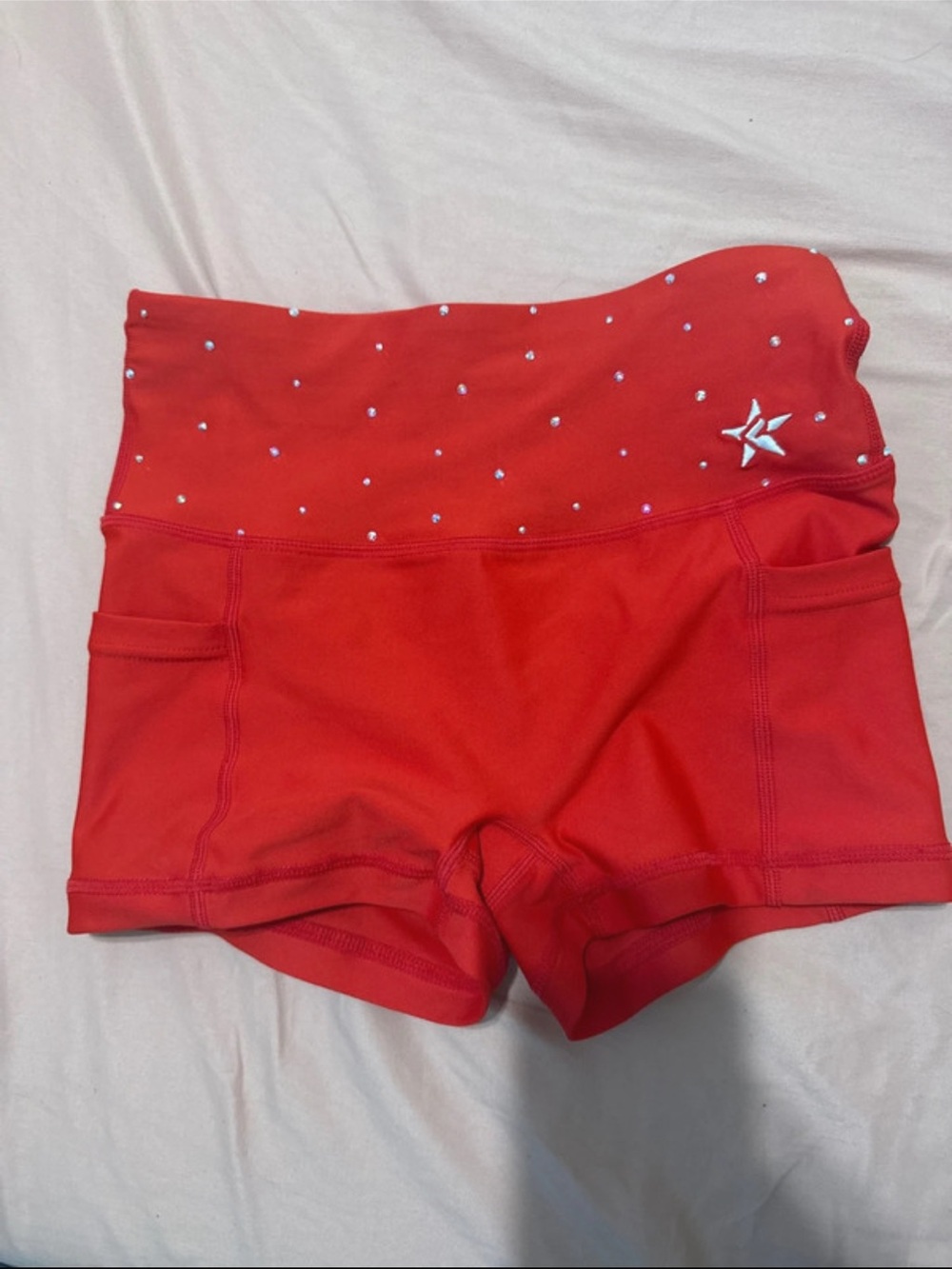 Rhinestone-Embellished Red High-Waist Athletic Shorts Rebel Athletic